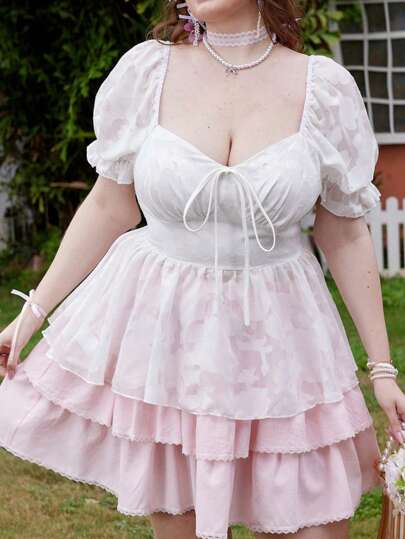 Lyrianda Plus Size Elegant Floral Perforated Tie-Front Slim Fit Waist Blouse With Puff Sleeves & Sweetheart Neck, For Summer Women, Romantic French Style