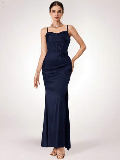 Coutiva 女士无袖水钻网眼长款晚礼服，毕业礼物毕业礼服，女士时尚礼服长款连衣裙，串珠设计，亮片，吊带夏季女士连衣裙，派对礼服，适合婚礼宾客