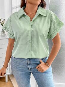 SHEIN Privé 大码女式条纹短袖单排扣休闲衬衫，夏季 - 綠色 - 查看 5
