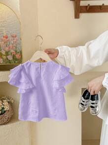 SHEIN LMoss Kids 年轻女孩时尚百搭平纹圆领休闲衬衫 - 紫色 - 查看 2