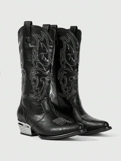 Grunge Punk Women's Retro Western Style Chunky Heel Mid-Calf Boots