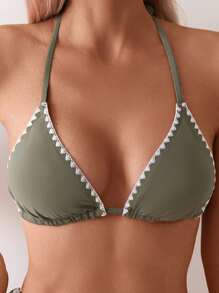 Swim Basics Women's Floral Trim Halter Swimwear Bikini Top For Summer Beach Vacation - Army Green - View 3