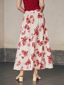 SHEIN Unity Rok A-Line Pinggang Tinggi Motif Bunga Gaya Liburan Kasual Wanita, Pakaian Musim Gugur untuk Wanita - Aprikot - View 2