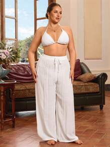 Swim Vcay Plus Size Casual Drawstring Solid White Cover Up Pants For Summer Beach Vacation - White - View 4