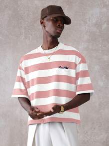 SUMWON 比佛利山庄罗迪欧大道夏季俱乐部超大条纹图案印花短袖圆领街头风 T 恤 - 粉色 - 查看 4