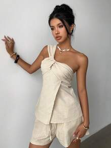 Siren Gaze Bộ 2 món vải lanh thiết kế thắt nút xoắn mùa hè mới cho nữ - Màu be - Xem 8