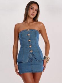 SHEIN BAE Bộ 2 món áo denim bandeau ôm vừa vặn và chân váy mini cho nữ - Trang phục denim thanh lịch, chân váy denim ống rộng rộng rãi, quần denim cạp cao cho nữ, trang phục thường ngày khi đi làm, trang phục sân bay, phù hợp với mọi dịp, trang phục denim xanh đã giặt, đi chơi đêm - Màu xanh lam - Xem 3