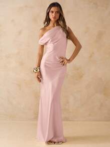 SHEIN BAE Yellow Satin Asymmetric Shoulder Backless Tie Strap Dress, Sexy Minimalist Solid Color, Suitable For Party, Cocktail, Formal Occasion, Bridesmaid, Birthday Wedding