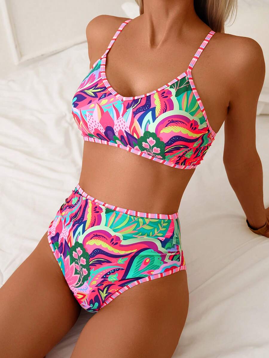 Swim Lushoire Conjunto de 2 peças de roupas de praia femininas de verão, top com alças finas e estampa colorida aleatória e calcinha de biquíni de cintura alta - Multicolorido - Ver 1