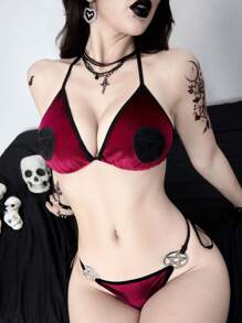 ROMWE Goth Conjunto de bralette y tanga con copas triangulares de estilo gótico oscuro y con cordones, tipo resort