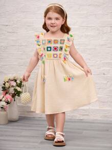 SHEIN Leap Crew 年轻女孩编织纯色拼布彩色饰边流苏方领连衣裙