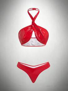 2 件 Y2K 朋克闪亮 PU 拼接打结吊带文胸 + 丁字裤女士性感内衣套装