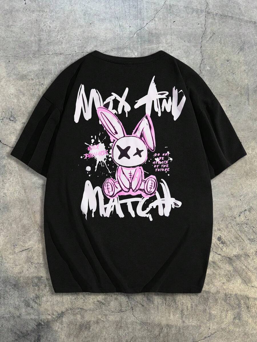 AXEPEAK 超大男士字母和卡通印花T恤，夏季，适合街头风格 - 黑色 - 查看 1