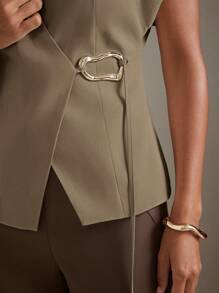 Hauture 前扣盖袖 V 领优雅上衣 - 咖啡棕 - 查看 2