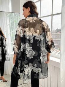 Reflora Plus Size Women Floral Print Roll Cuff Single Breasted Long Shirt For Vacation