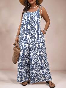 SHEIN VCAY VCAY Plus Size Boho Retro Print Sleeveless Jumpsuit, Vacation Retro Style Vacation Outfits Woman Summer Outfits For Women Valentine's Day Spring Outfits For Women Tropical Vacation Woman Festival