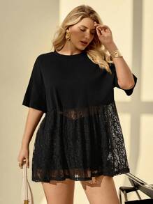 Auralis Camiseta casual de talla grande para mujer con cuello redondo, manga corta y dobladillo de encaje con contraste