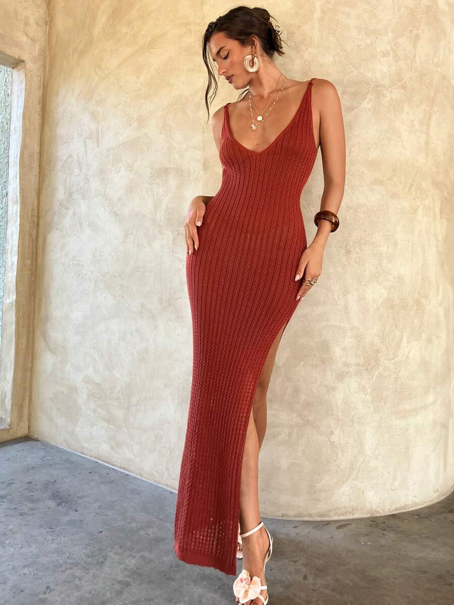 Aloruh 女士纯色简约长款针织连衣裙，适合日常穿着 - 玫紅色 - 查看 1
