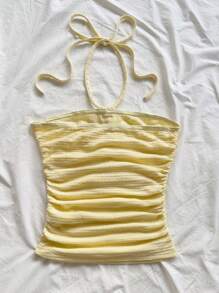 Soleia 女士性感吊带拼接不对称扣露背吊带上衣，度假风，沙滩风，夏季风，波西米亚风，钩针编织，亚麻布，纹理 - 杏色 - 查看 2