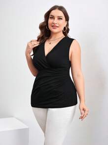 SHEIN Clasi Plus Size Women'S Ruffle Trim Tank Top Women Tops Plus Sizecurve Plus Topsplus Size Tank Tops - Black - View 5