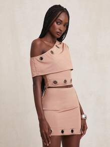 NYA SZN Huda Top Asymmetrical Off The Shoulder Eyelet Detail Event Club Grunge Party Sexy Streetwear Concert Going Out Night Out Party Club Cute Fall Summer Vacation Cropped Top Ibiza Statement Valentines Day Carnival Outfits For Women - Brown - View 5