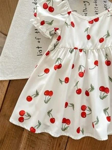 SHEIN LMoss Kids Babygirl Cute Cherry Print Loose Short Sleeve Casual Vacation Dress, Summer - White - View 3