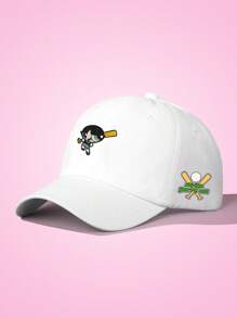 THE POWERPUFF GIRLS X SHEIN Buttercup Embroidered Fashionable White Washed Baseball Cap