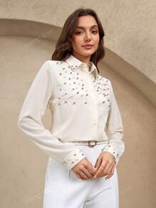 EMERY ROSE Camicia donna a maniche lunghe beige con decorazioni in perle