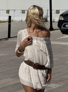 SHEIN ICON 波西米亚风格白色迷你连衣裙，3/4 喇叭袖，荷叶边，宽松版型，适合海滩度假