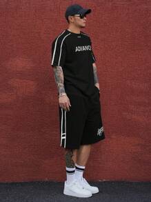 DAZY 2 件男士黑色字母印花 T 恤和短裤套装 - 黑色 - 查看 3