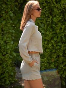 COSMINA 2 Stücke Damen lässiges einfarbiges Outfit mit Langarmoberteil und Shorts, einreihig