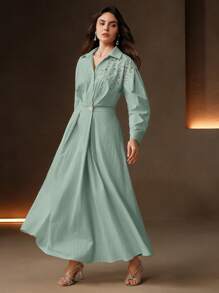 Anewsta Elaire Spring, Festival, Holiday, Vacation Elegant Loose Fitting Vintage Studded Waist Drop Shoulder Shirt Dress For Women