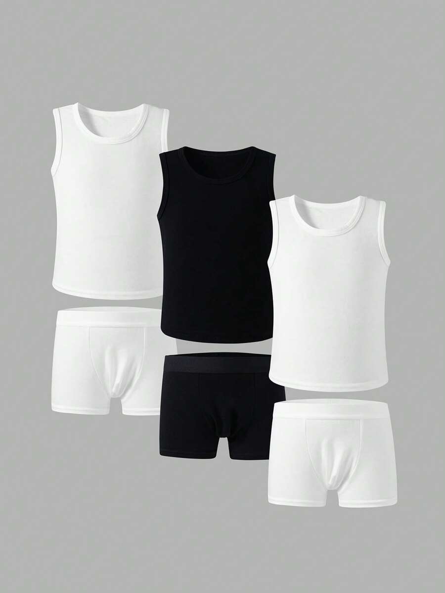 SHEIN 6件套 男童简约圆领背心和松紧腰平角内裤休闲舒适内衣套装 - 彩色 - 查看 1