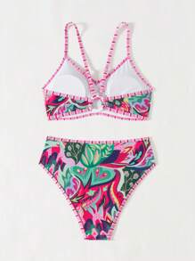 Swim Lushoire Conjunto de 2 peças de roupas de praia femininas de verão, top com alças finas e estampa colorida aleatória e calcinha de biquíni de cintura alta - Multicolorido - Ver 6