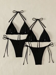 SHEIN Swim Bikini 2 mảnh gợi cảm buộc dây màu trơn dành cho nữ - màu đen - Xem 2