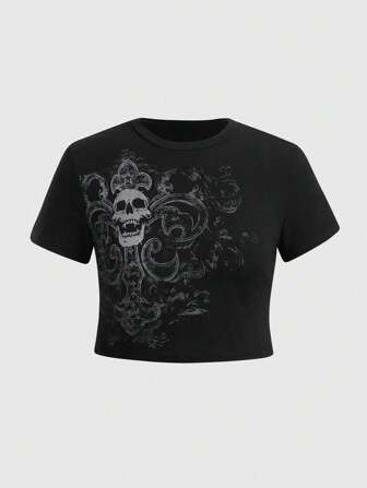Grunge Punk Camiseta Con Cuello Redondo Y Efecto Desgastado De Talla Grande Con Impresión Vintage De Calavera Y Vid