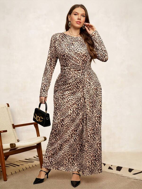 SHEIN Clasi Plus Size Femei Rochie Elegantă Răsucită Laterală Mânecă Lungă Gât Rotund Lungime mijlocie, Toamnă