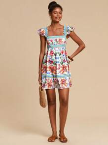 Travachic Vestido mini con estampado floral tejido para mujer, atuendos de verano, ropa de playa, primavera y verano, Pascua, atuendos de vacaciones, ropa de playa para mujer, vacaciones de primavera, atuendos de vacaciones para mujer, atuendos de concierto para mujer, BOHO, bohemia, festival de música, atuendos del 4 de julio, ropa de mujer para vacaciones tropicales, romántico - Multicolor - Ver 3