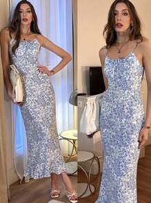 Chiquease 夏季吊带碎花蓝色修身华丽节日风格女士连衣裙女式节日装 - 彩色 - 查看 1