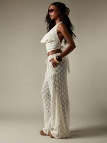 MISSGUIDED Pantalon large en dentelle bohème pour tenue de plage, mariage, détente, avec poches. Idéal pour festival, lune de miel, vacances - Blanc - Voir 3