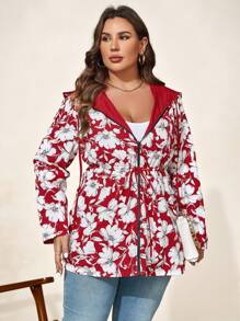 SHEIN Clasi Plus Size Women Geometric Print Reversible Long Sleeve Casual Hooded Loose Jacket, Suitable For Autumn And Winter