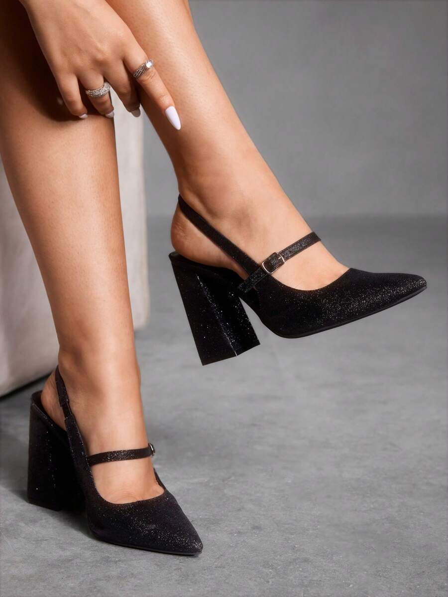 CUCCOO BIZCHIC Women's Fashion Black Glitter Thick Heel Pointed Toe Strap Pumps, Basic & Simple Design - Black - View 1