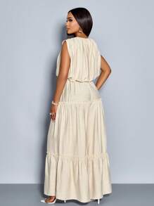 SOLERSUN Spring/Summer Women's Wear Everyday Leisure Vacation Apricot Woven Crew Neck Button Back Slit Short Sleeves Gathered Shoulders Elastic Gathered Waist Layered Legs Long Jumpsuit - Apricot - View 2