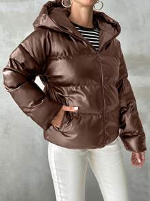 EURMUSE Women Solid Color Long Sleeve Zipper Collar Hoodie Jacket, Winter - Chocolate Brown - View 6