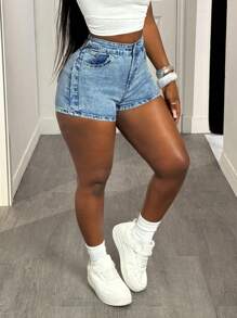 Slaydiva 女士休闲高腰牛仔短裤，带口袋和腰带设计，百搭
