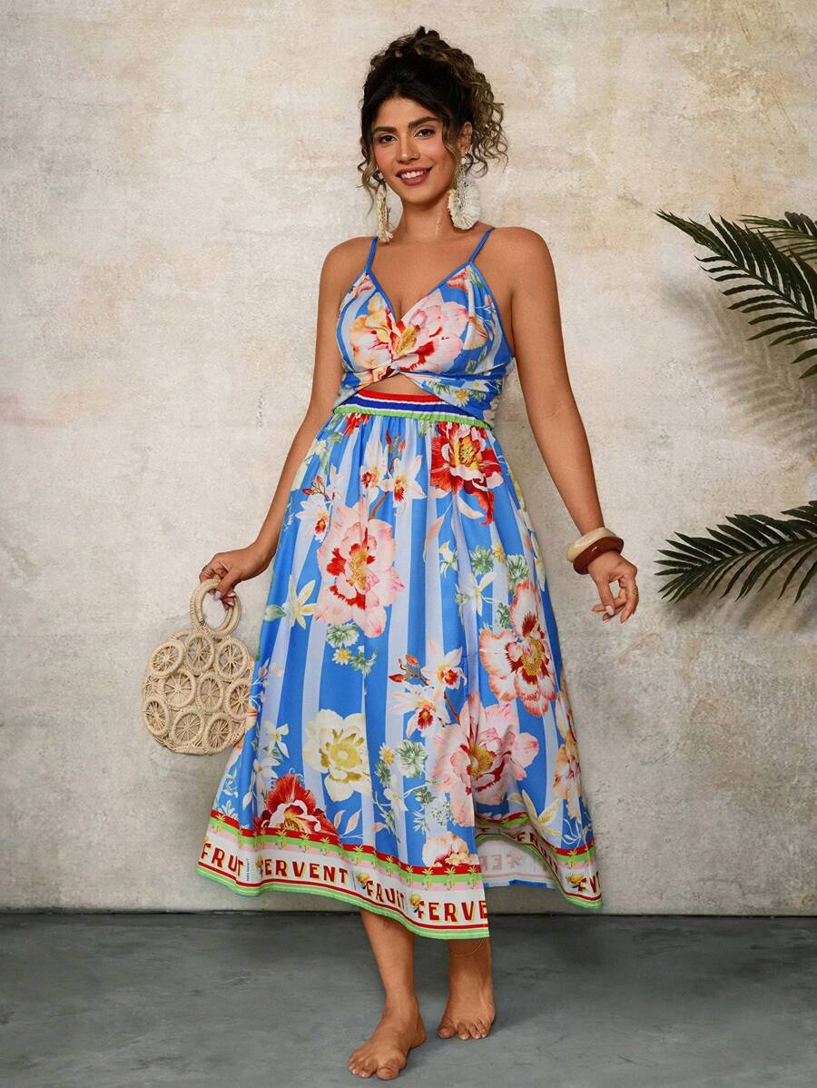 Travachic 大码休闲度假热带花卉印花前扭镂空长款波西米亚连衣裙，适合夏季外出约会