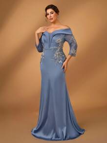 Serin 加大码优雅简约深灰色露肩透视七分袖奢华贴花装饰鱼尾下摆礼服，新娘母亲礼服