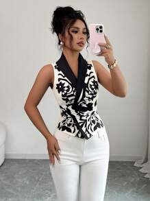 Elenzga Women's Floral Print Color Block Sleeveless Shirt With Collar, Fashionable For Vacation - Multicolor - View 7