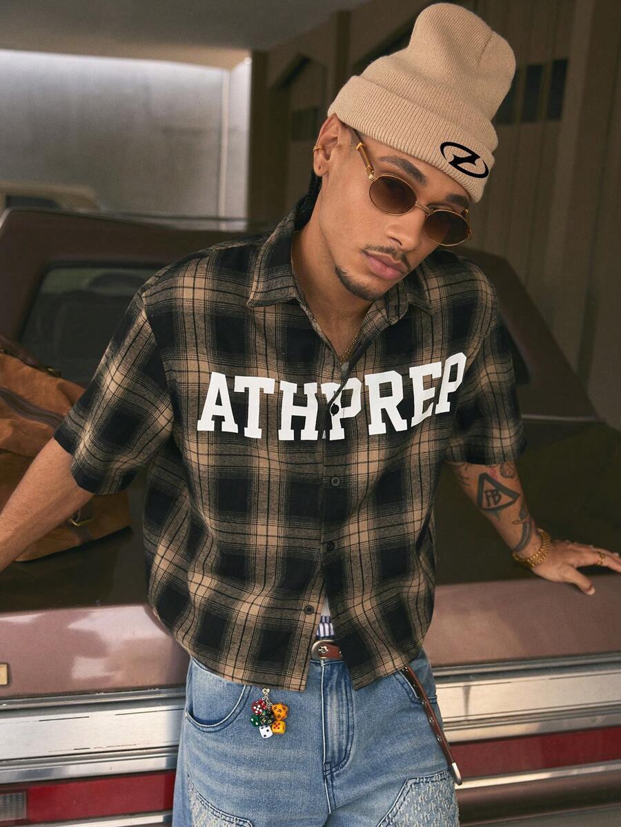 AXEPEAK Camisa de manga corta holgada con botones y estampado de letras a cuadros, ideal para el colegio y el uso urbano - Marrón Mocha - Ver 1