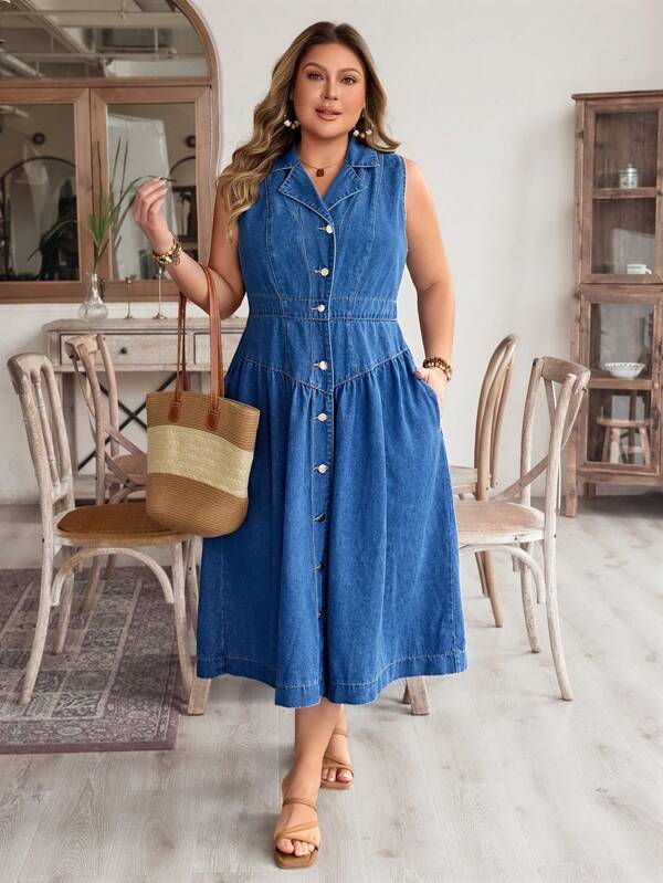 EMERY ROSE Plus Size Denim Casual Vacation Front Button Pockets Sleeveless Dress